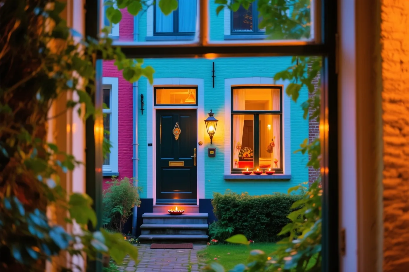 Door een raamkozijn met groen eromheen is 's nachts een kleurrijke Belgische rijwoning te zien met olielampjes op de drempel en een lantaarn in het raam, in turquoise, roze en oranje licht.