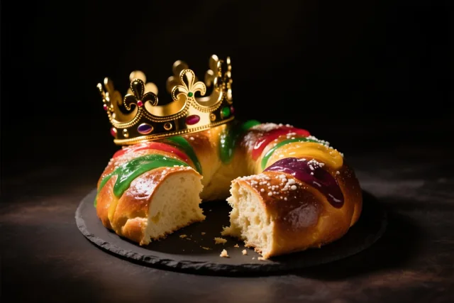 Een gouden kroon staat op een ringvormige taart met rood, groen en geel glazuur, waaruit een stuk is gesneden, op een donker leisteenbord tegen een zwarte achtergrond.