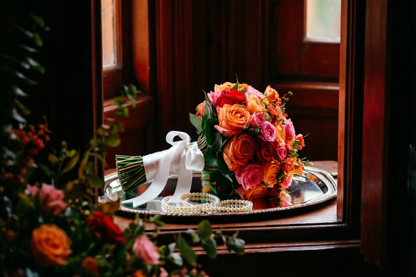 Een bruidsboeket met oranje, roze en rode rozen en een wit zijden lint ligt op een zilveren spiegelplateau op een houten vensterbank in warm daglicht.