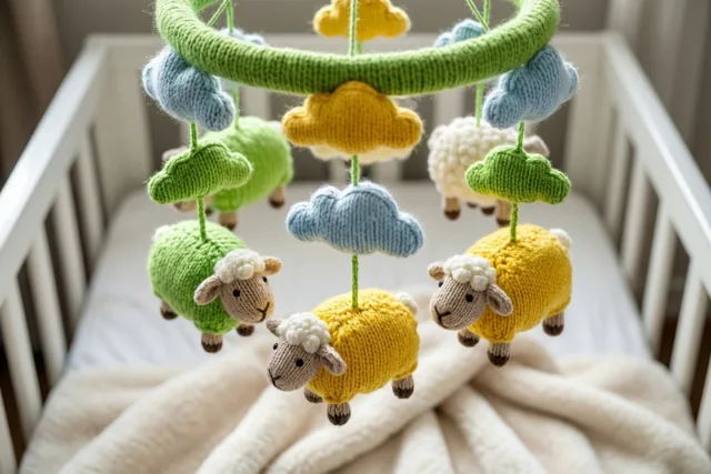 Een gebreide mobiel met kleurrijke schapen en wolken hangt boven een wit babybedje met een zachte deken, in pasteltinten groen, geel en blauw.