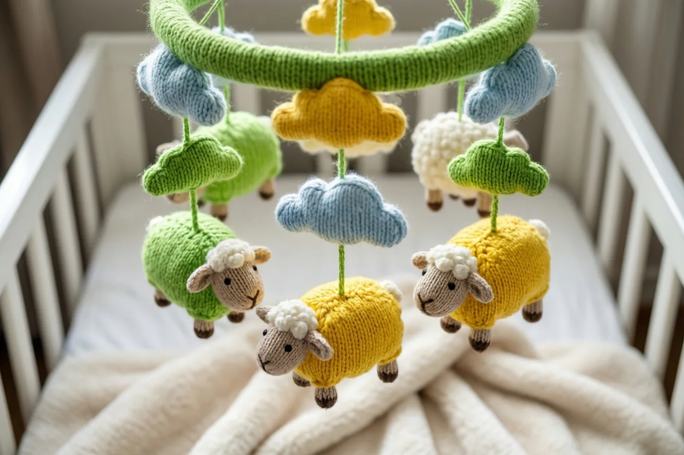 Een gebreide mobiel met kleurrijke schapen en wolken hangt boven een wit babybedje met een zachte deken, in pasteltinten groen, geel en blauw.