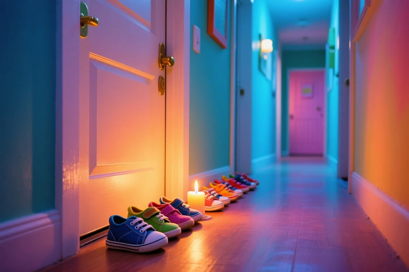 Een rij kleurrijke kinderschoenen staat op een houten vloer naast een voordeur, verlicht door één kaars en een mengeling van warm en koel licht.