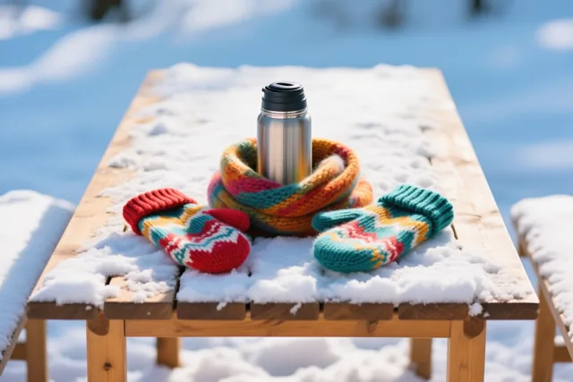 Een thermosfles, een kleurrijke gebreide sjaal en gebreide wanten met een patroon liggen op een besneeuwde houten tafel in fel zonlicht.
