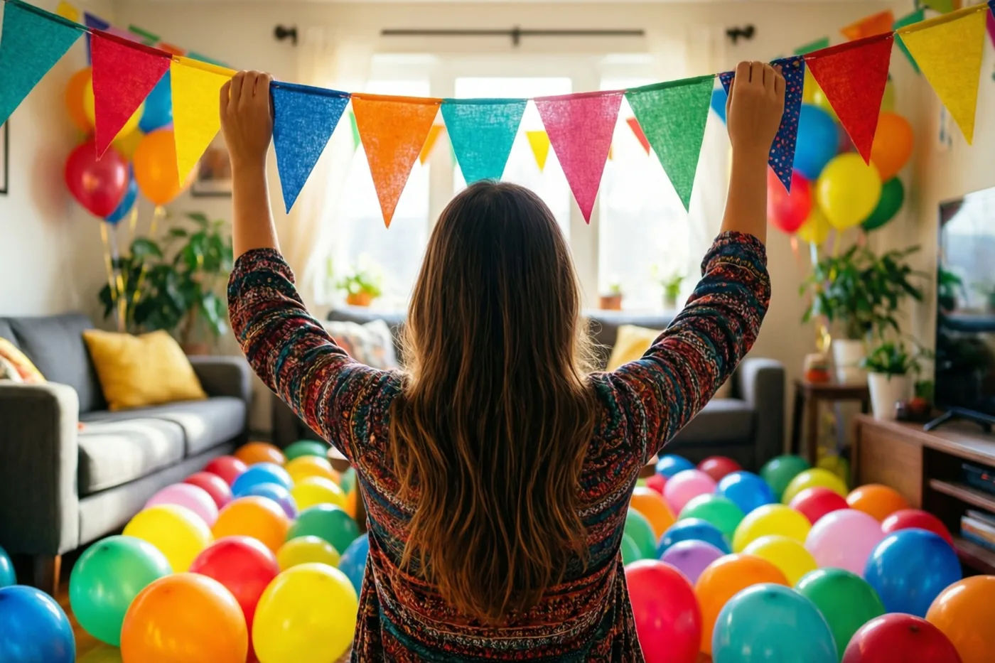 Iemand met lang haar hangt, met de rug naar de camera, een kleurrijke vlaggetjesslinger op in een woonkamer met veelkleurige ballonnen op de vloer.