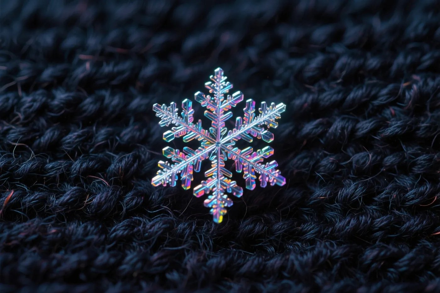 Een gedetailleerde sneeuwvlok met iriserende kleuren ligt op donkere wol met een zichtbare structuur tegen een diepe, donkere achtergrond.