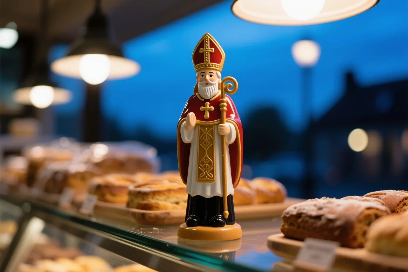Een grote kleurrijke speculaasfiguur van een bisschop staat op een bakkerstoonbank tussen verschillende bakwaren, met warm licht en onscherpe lichtjes achteraan.