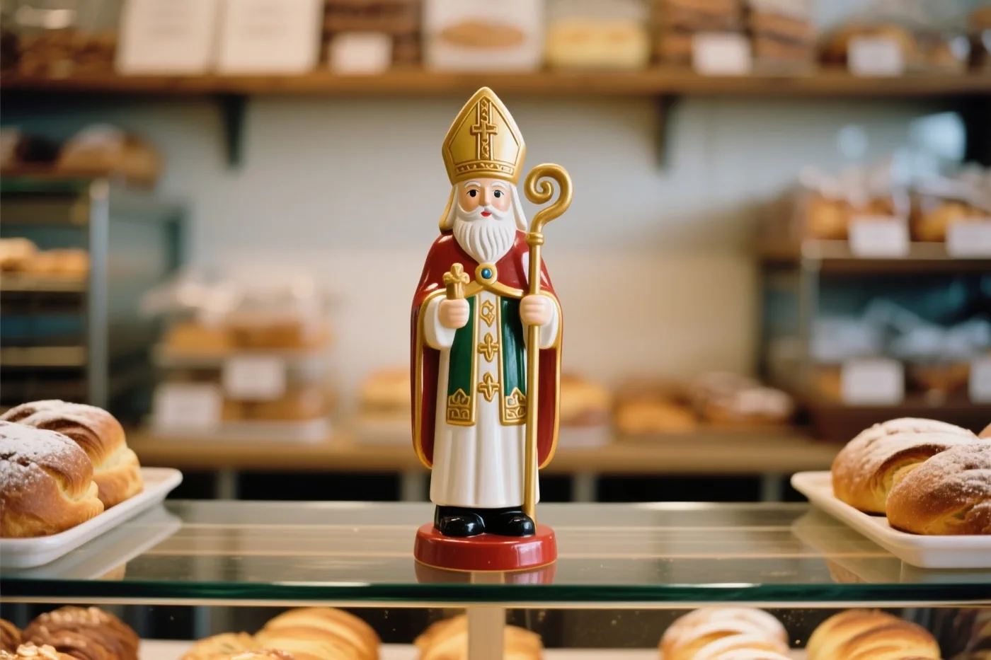 Een hoge kleurrijke speculaasfiguur van een bisschop staat op een glazen bakkerstoonbank tussen schalen met gebak, met een onscherpe achtergrond in warm licht.