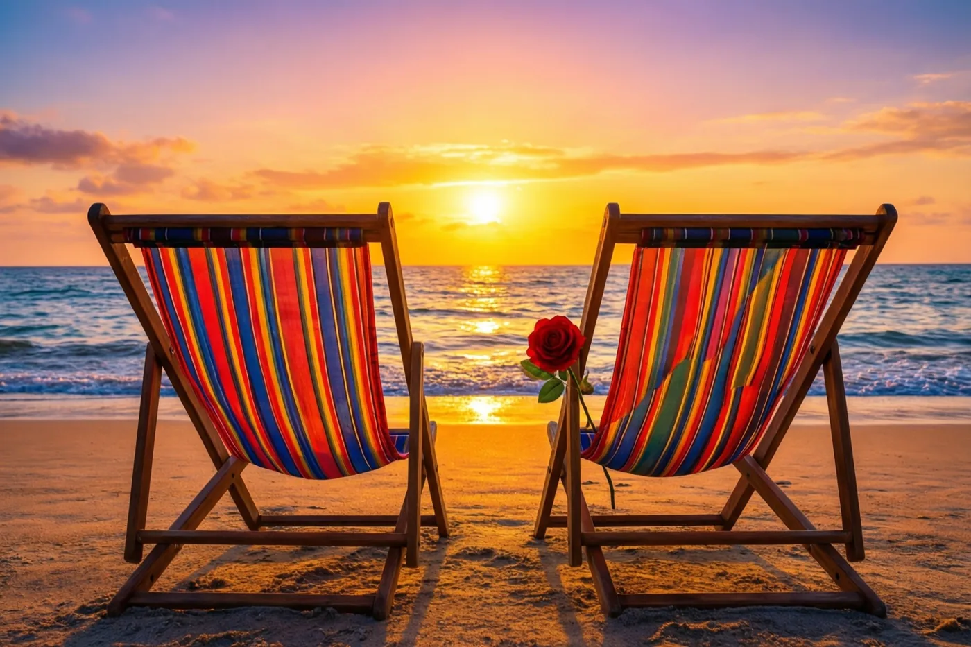 Twee kleurrijk gestreepte strandstoelen staan naar de zee gericht bij zonsondergang, met een rode roos op de rechterstoel in gouden en oranje licht.