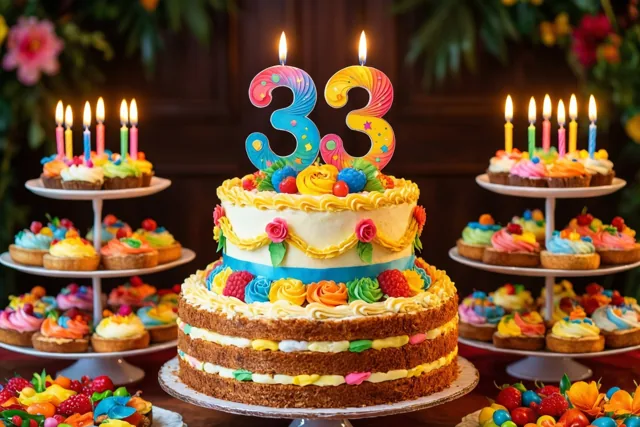 Een kleurrijke taart met meerdere verdiepingen en grote cijferkaarsen die 33 vormen staat tussen cupcakes, bessen en brandende kaarsen, met bloemen tegen een donkere achtergrond.