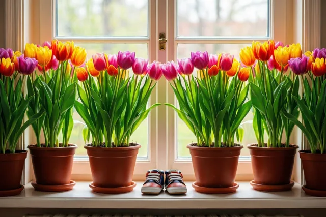 Gele, oranje, roze en paarse tulpen in terracotta potten staan op een vensterbank rond kleine rood-wit-blauwe babyschoentjes.