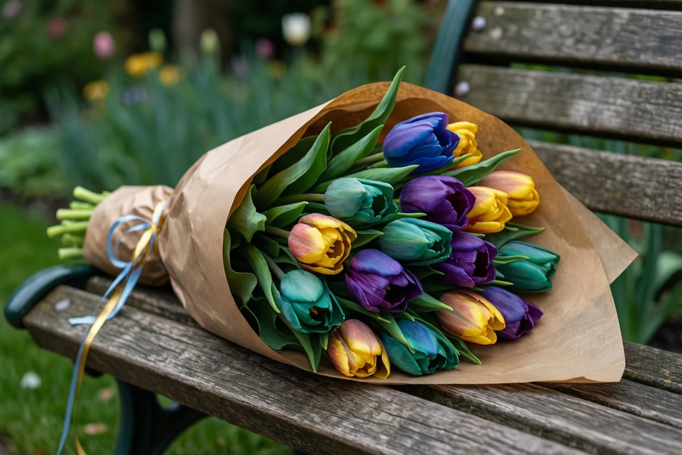 Een boeket kleurrijke tulpen in bruin papier ligt op een houten tuinbank, met groen en onscherpe bloemen op de achtergrond.