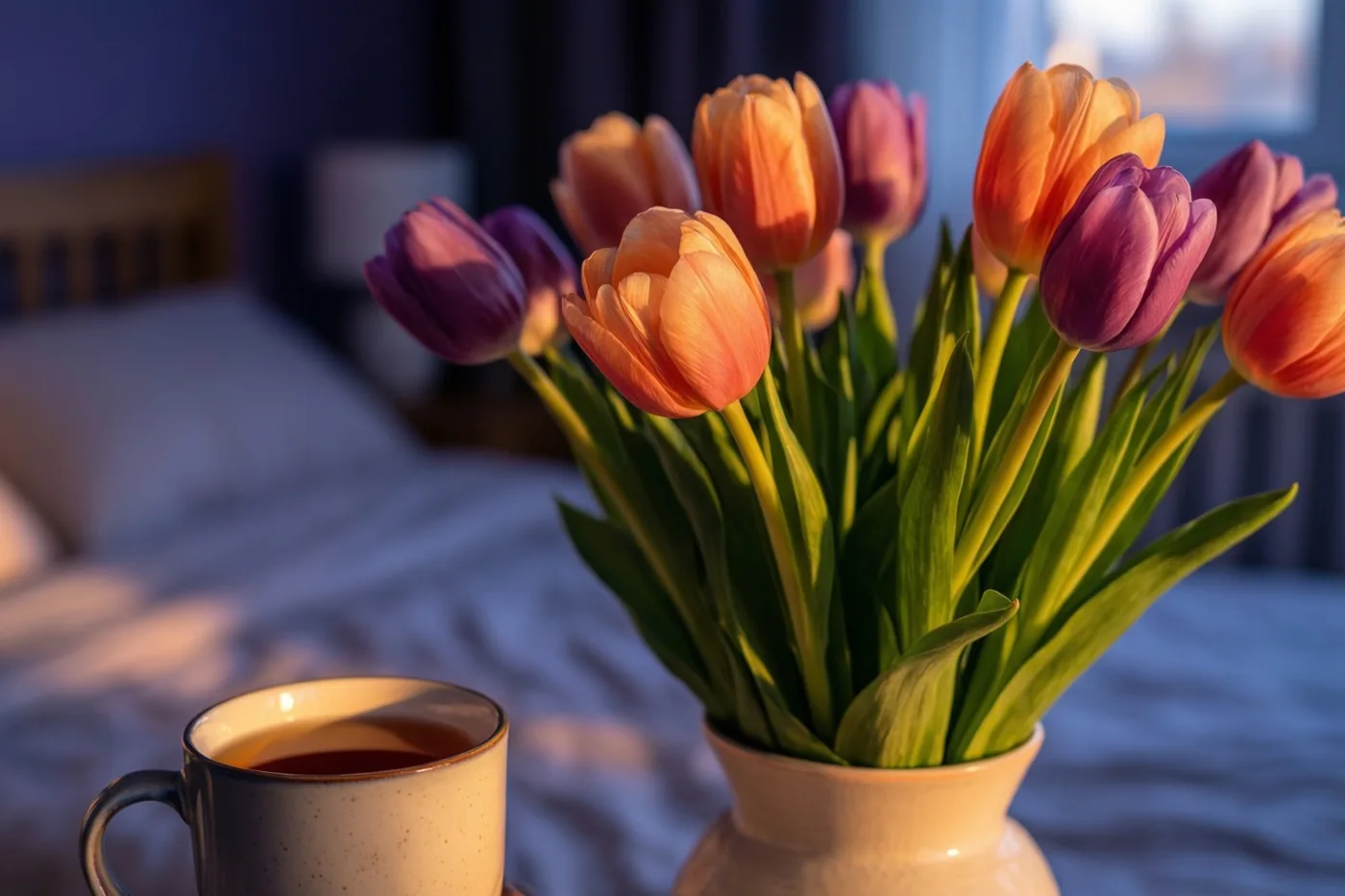 Een vaas kleurrijke tulpen en een mok thee staan op een bed in warm zonlicht, met oranje, paarse en groene tinten tegen een onscherpe blauwe achtergrond.
