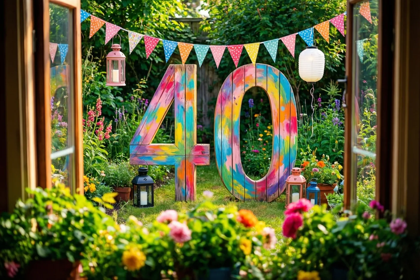 Door een open raam is een groot houten bord met een kleurrijk geschilderde 40 te zien in een zonnige tuin met vlaggetjes, lantaarns, groen en bloemen.