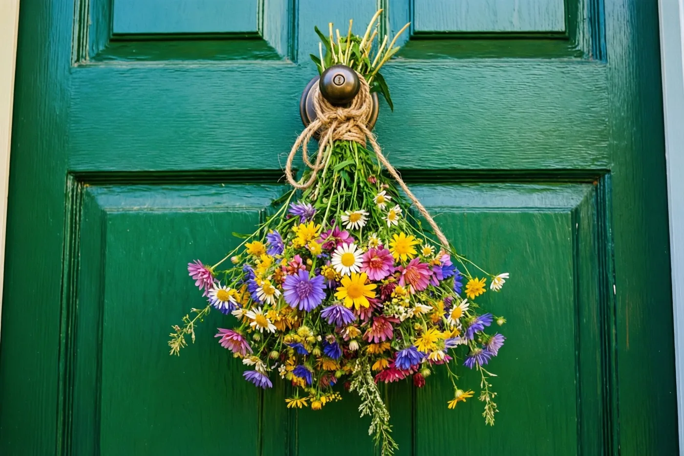 Een kleurrijke bos veldbloemen met een touwtje hangt aan de deurknop van een groene houten deur, met paarse, gele en witte bloemen.