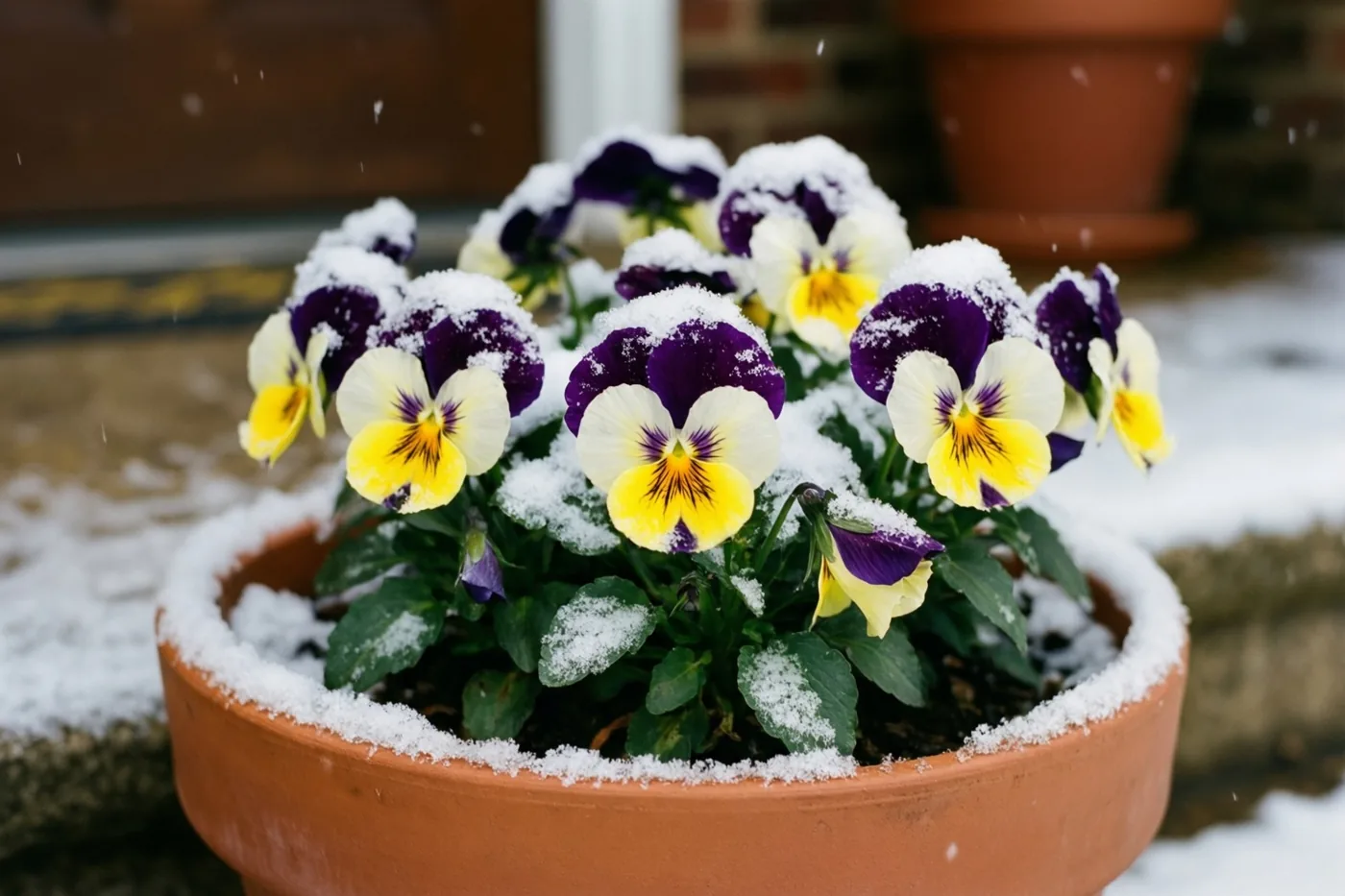 Een terracotta pot met paarse, gele en witte viooltjes en groen blad staat op een besneeuwde drempel, met verse sneeuw op de bloemblaadjes.