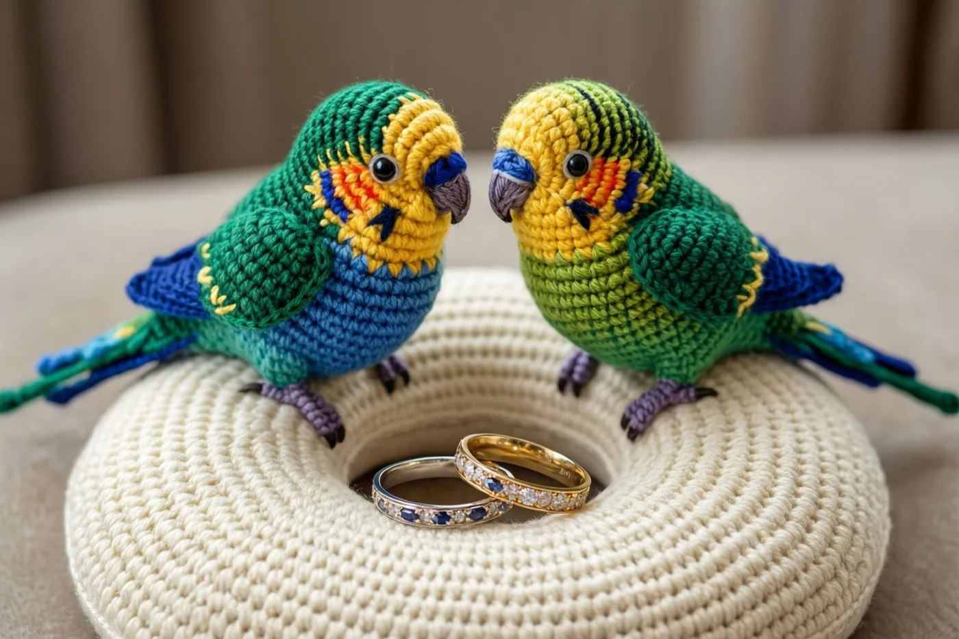 Twee kleine gehaakte dwergpapegaaien zitten tegenover elkaar op een ivoorkleurig ringkussen met twee trouwringen in het midden, in groene, gele en blauwe tinten tegen een neutrale achtergrond.