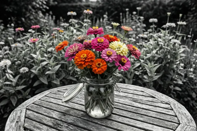 Een kleurrijk boeket zinnia's staat in een glazen pot op een verweerde houten buitentafel, met een bloementuin in zwart-wit op de achtergrond.