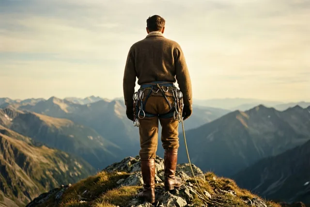 Een klimmer in wollen kleding uit de jaren vijftig en leren schoenen staat met de rug naar de kijker op een bergtop, voor een weids gebergte onder een wazige lucht.