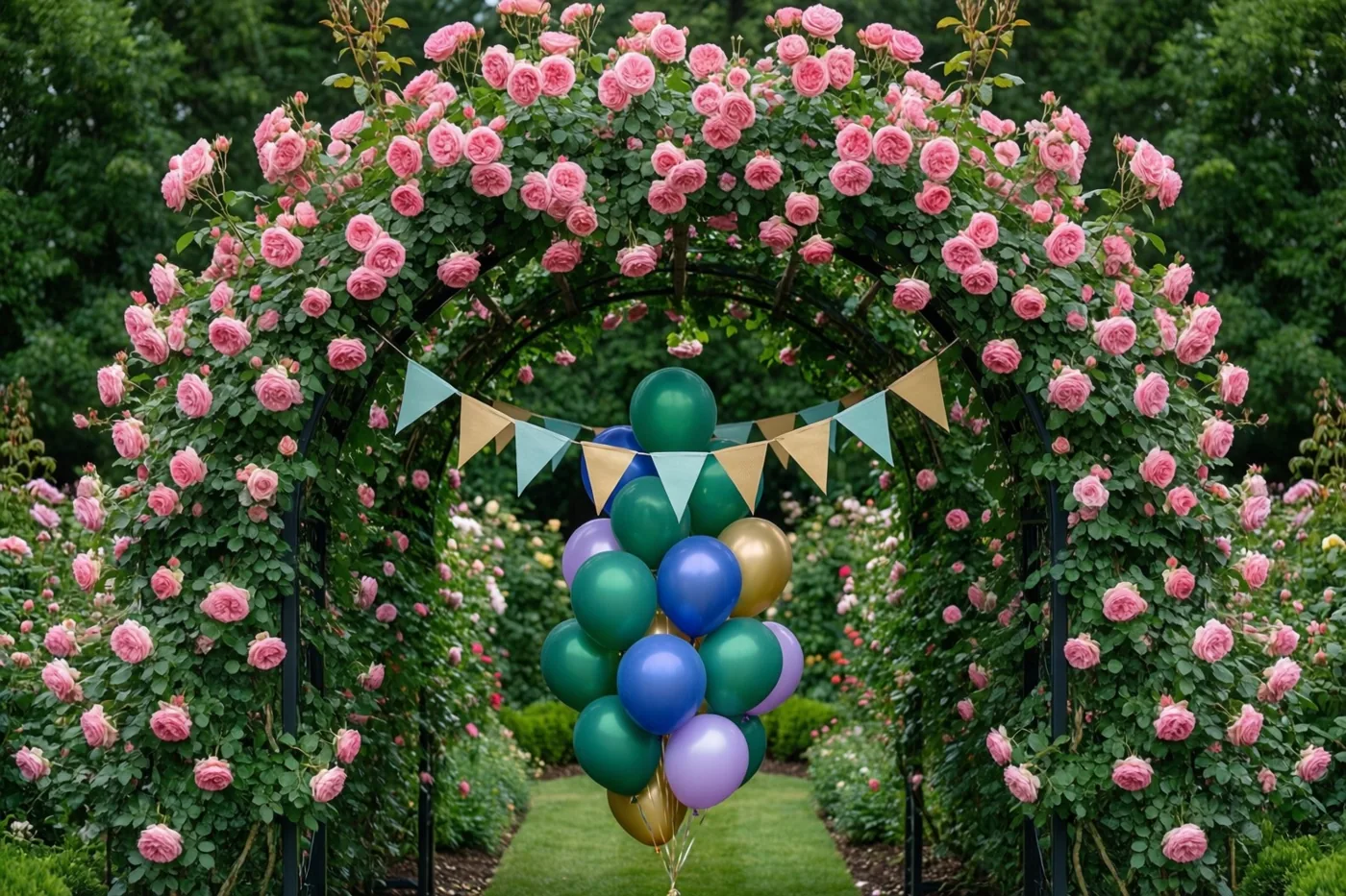 Een tuinboog met roze klimrozen is versierd met papieren vlaggetjes en een tros ballonnen, met groen gras en bomen op de achtergrond.