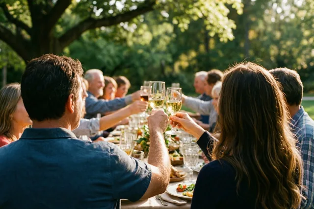 Van achteren geziene mensen heffen wijnglazen aan een lange buitentafel onder bomen in warm, goudkleurig zonlicht.