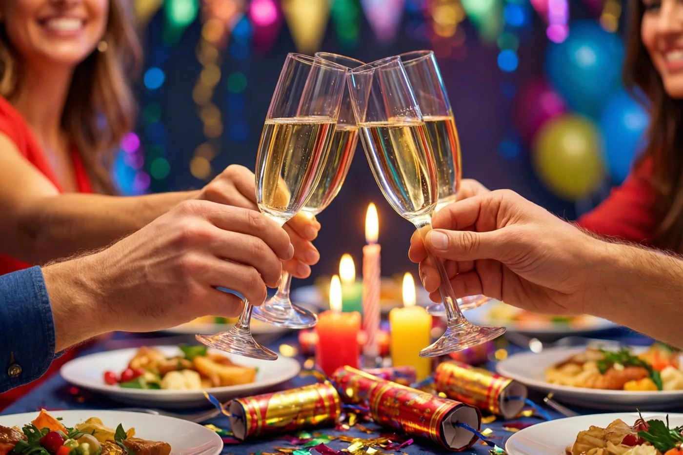 Vier handen klinken met champagneglazen boven een tafel met brandende kaarsen en knalbonbons, met wazige feestlichtjes en ballonnen op de achtergrond.