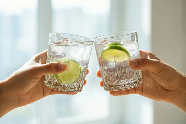 Twee handen klinken met kristallen glazen gin-tonic met limoen en ijsblokjes voor een licht, onscherp raam.