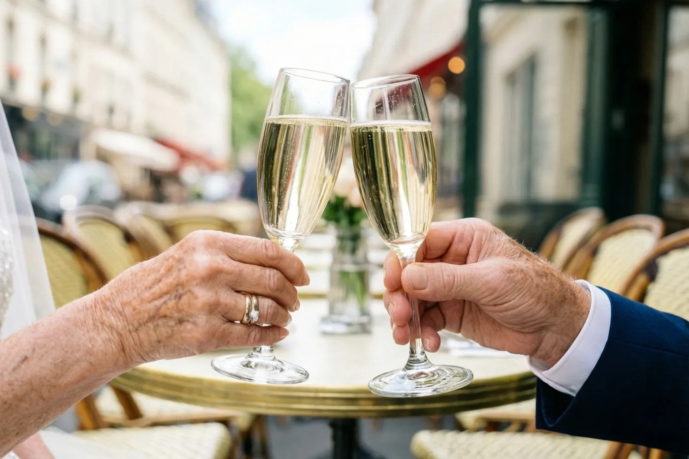 Twee oudere handen met elk een trouwring klinken met champagneglazen op een caféterras, met gebouwen en stoelen onscherp op de achtergrond.