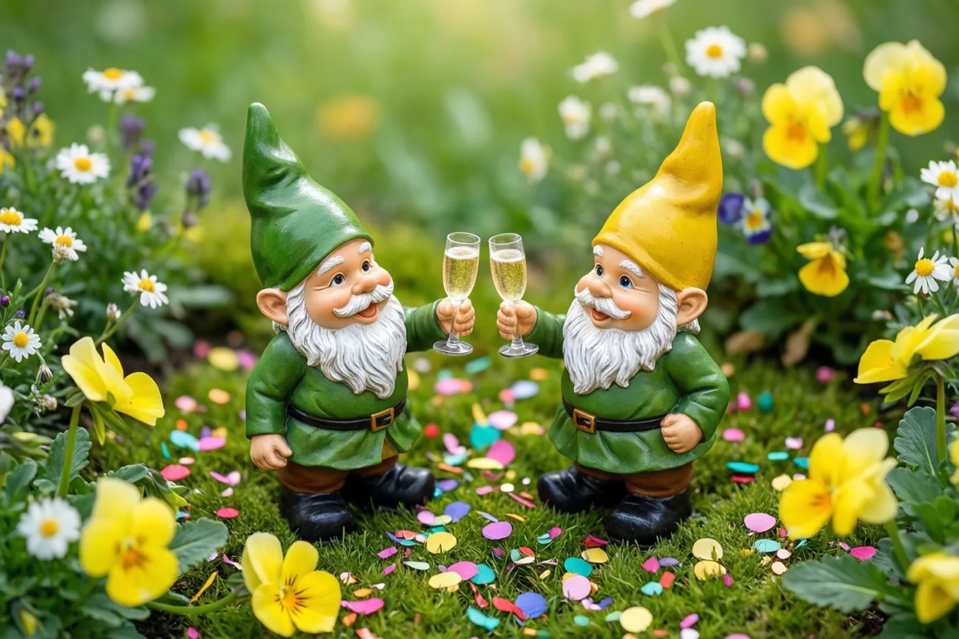 Twee tuinkabouterbeeldjes klinken met kleine champagneglazen in een bloemperk met gele en witte bloemen en kleurrijke confetti.
