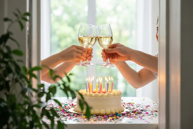 Twee handen klinken met wijnglazen boven een taart met brandende kaarsjes en confetti op een tafel bij een raam met daglicht.