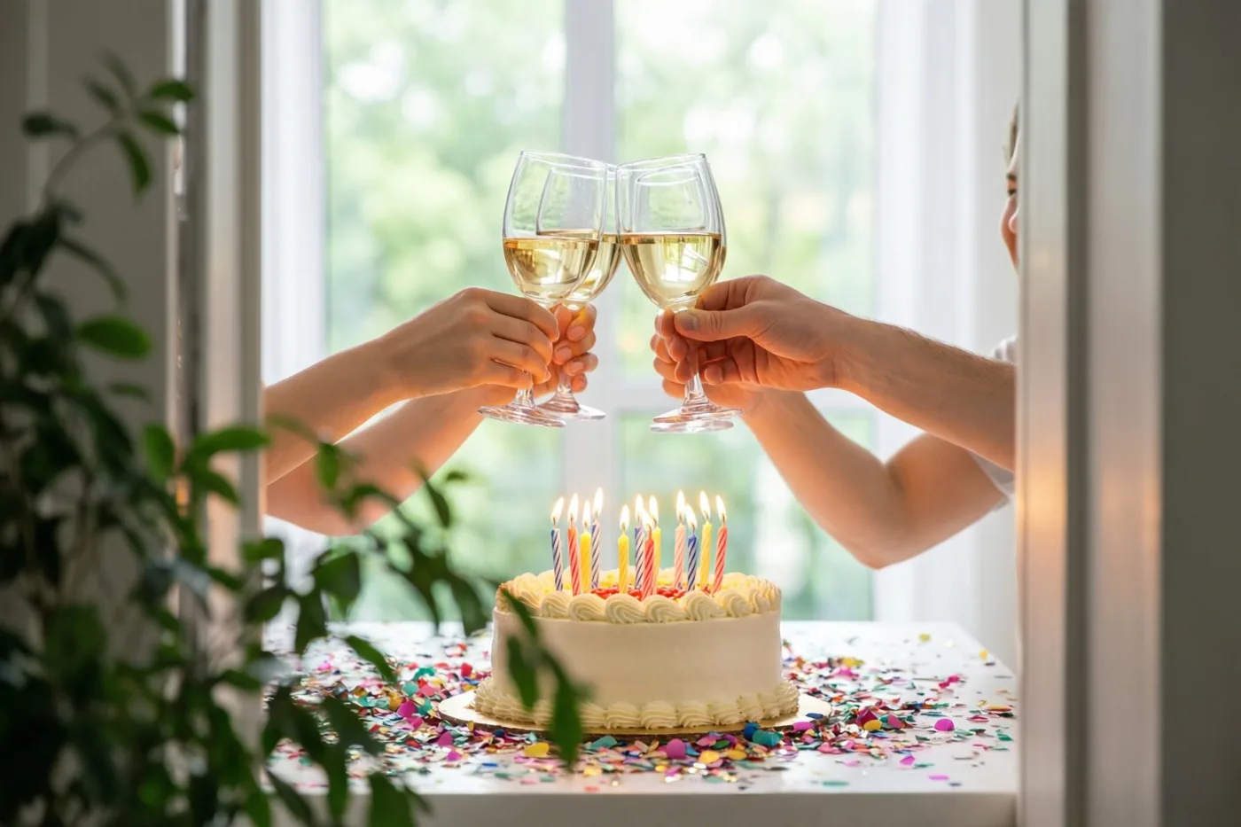 Twee handen klinken met wijnglazen boven een taart met brandende kaarsjes en confetti op een tafel bij een raam met daglicht.