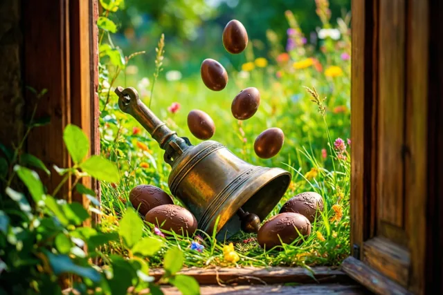 Een klein bronzen klokje ligt op een vensterbank bij een tuin, omringd door chocolade-eieren die lijken neer te vallen, met gras en veldbloemen op de achtergrond.