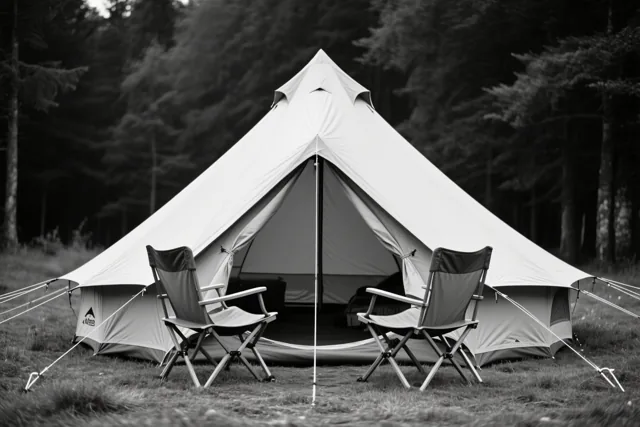 Een grote kloktent staat op een open grasplek midden in dicht bos op een zwart-witfoto.