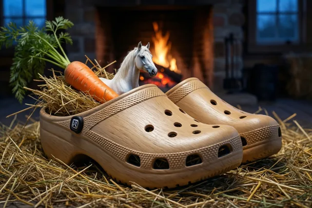 Een houten klomp met hooi, een wortel en een klein wit paardenbeeldje staat op stro voor een brandende haard.