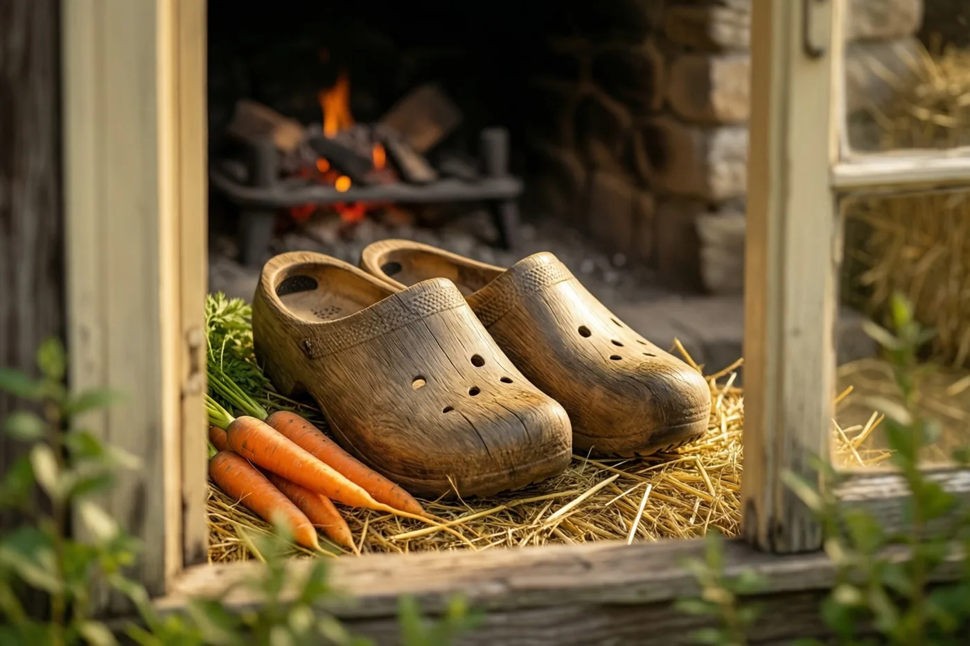 Oude houten klompen en wortels liggen op hooi in een rustiek houten raamkozijn, met een brandende stenen haard op de achtergrond.