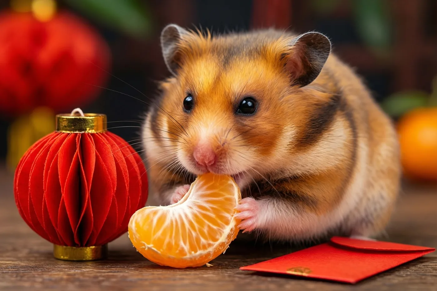 Een goudkleurige hamster knabbelt aan een partje mandarijn op een houten ondergrond naast een miniatuurlantaarn van rood papier en een klein rood envelopje, in warm licht.
