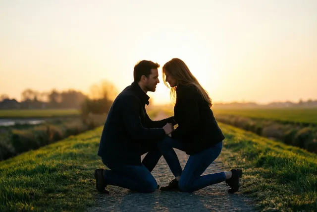 Een man en een vrouw knielen tegenover elkaar op een met gras begroeide dijk, als silhouetten in het gouden licht van de ondergaande zon.