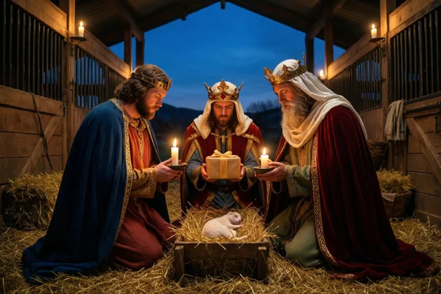 Drie koningen in rode, blauwe en gouden gewaden knielen met geschenken bij een baby in een kribbe, in een stal met warm kaarslicht tegen een donkerblauwe schemerlucht.