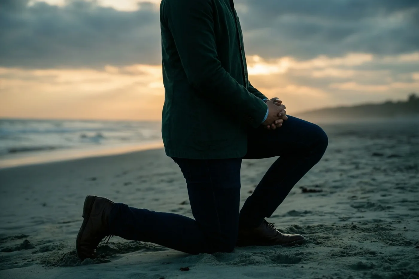 Een man knielt op één knie op een breed zandstrand en kijkt naar de zee bij zonsondergang, onder een blauw met goud gekleurde hemel.