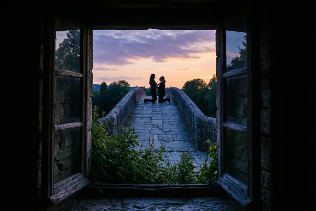 Door een open raam zijn de silhouetten te zien van een man die voor zijn partner knielt op een oude stenen brug bij zonsondergang.