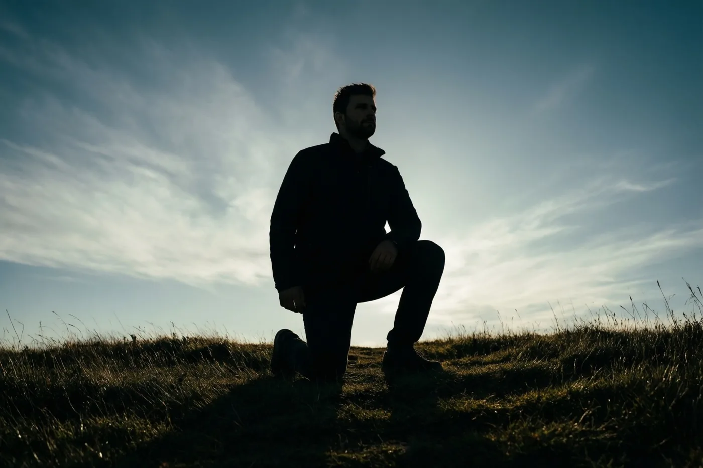 Vanuit een laag standpunt is een man te zien die op één knie knielt op een grasheuvel, als silhouet tegen een heldere hemel met dunne wolken.