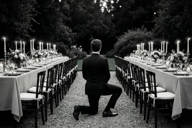 Op een zwart-witfoto knielt een man in een pak op een grindpad tussen twee lange tafels die in een tuin gedekt zijn voor een diner bij kaarslicht.