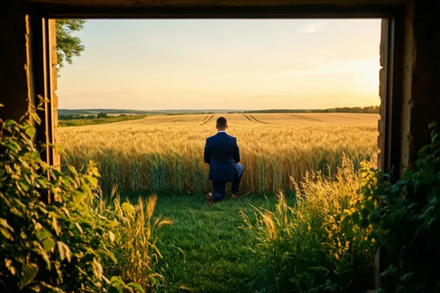 Een man in een donker pak knielt met zijn rug naar de kijker in een veld met rijpe tarwe, gezien door een rustieke houten omlijsting in warm goudkleurig licht.