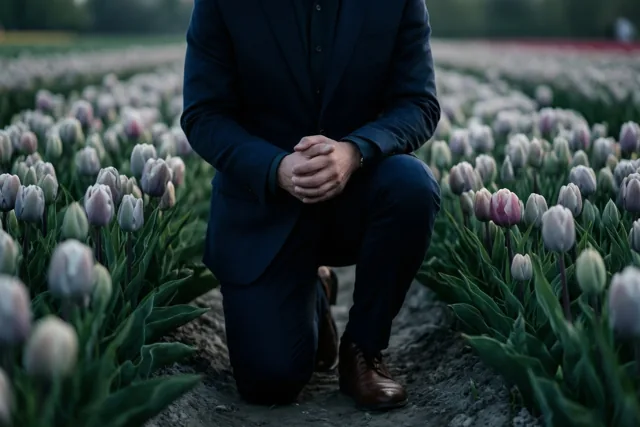 Een man in een donker pak knielt met samengevouwen handen in een veld bloeiende tulpen in zacht natuurlijk licht.