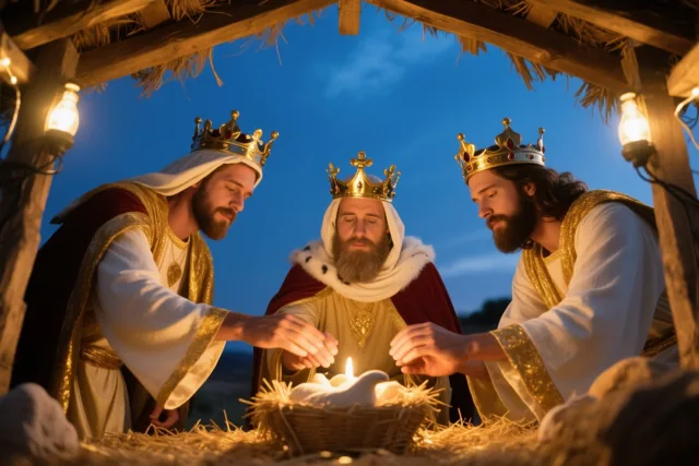 Drie mannen met kronen en koninklijke gewaden knielen rond een kribbe en leggen er offers in onder een rieten dak in de schemering.