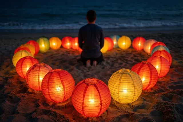 Een persoon knielt op een nachtelijk strand binnen een hart van brandende lantaarns in het zand, met warm oranje en geel licht voor een donkerblauwe zee.