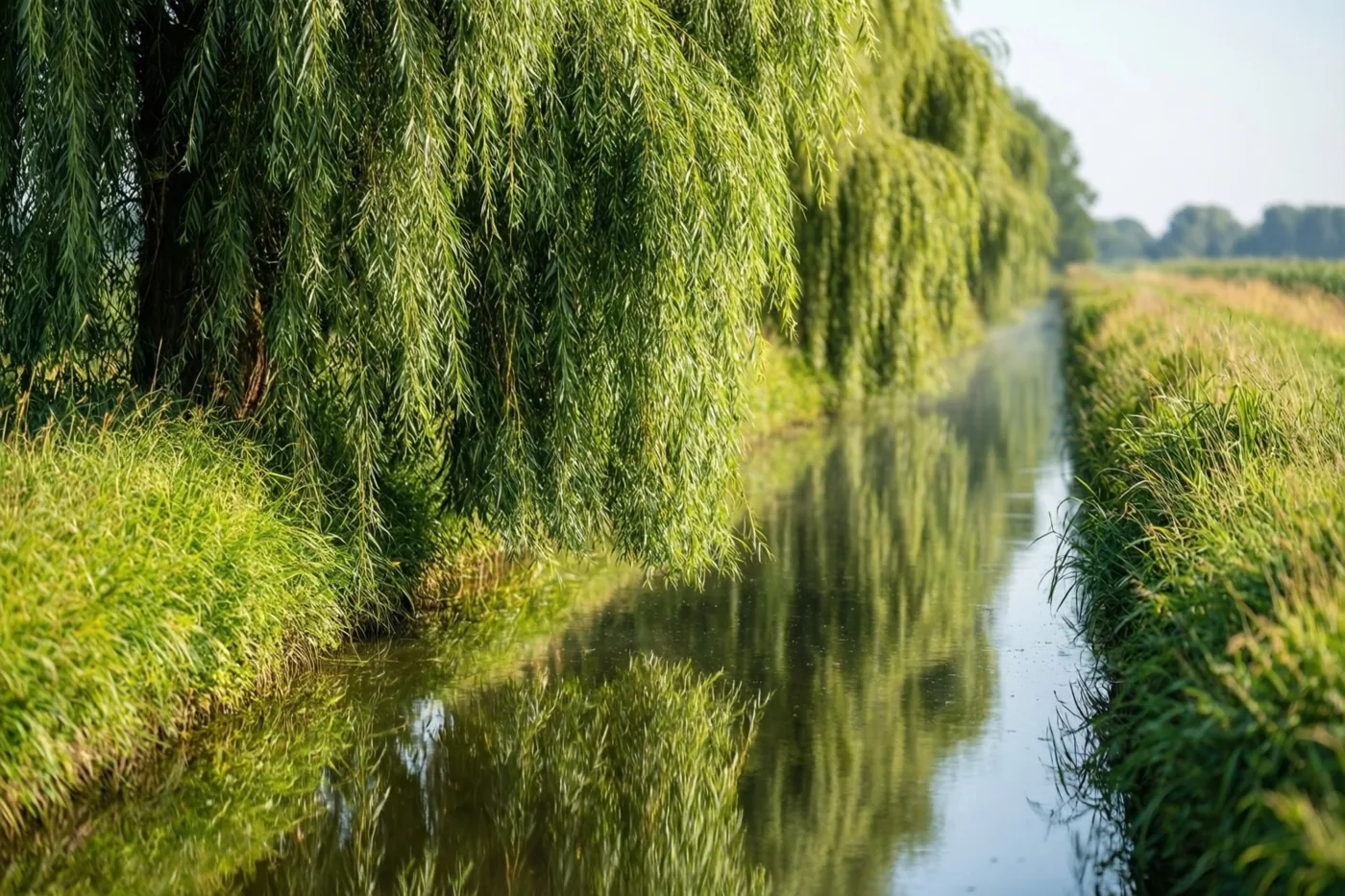 Een rij knotwilgen met lange groene takken weerspiegelt in een stille poldersloot, met weelderig gras langs de oevers onder een heldere zomerlucht.