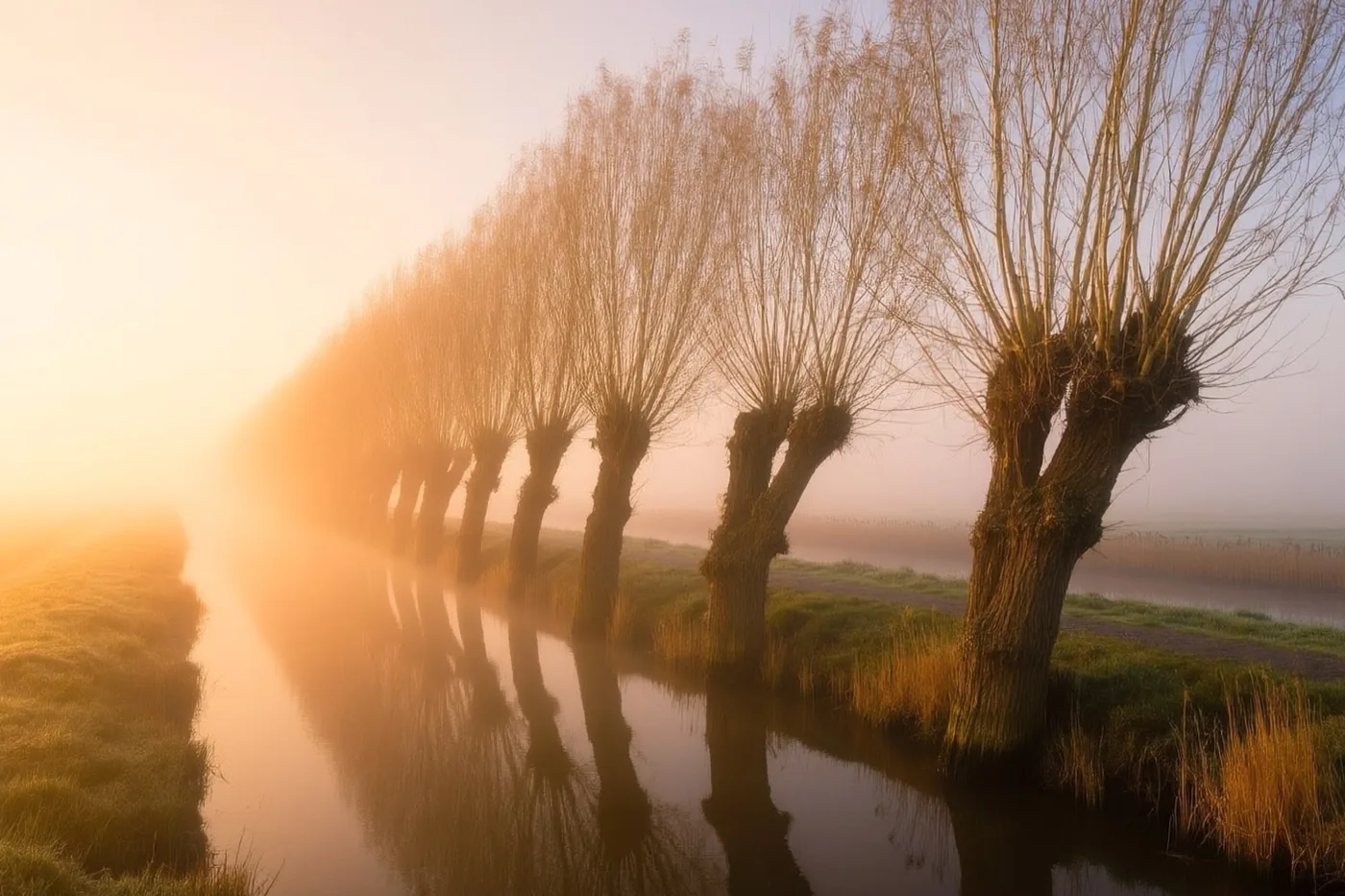 Een rij knotwilgen staat langs een rustig kanaal in een mistige polder, verlicht door de gouden opkomende zon.