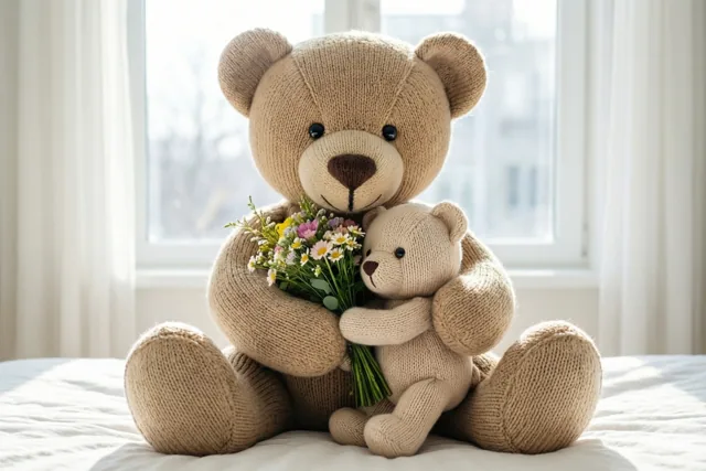 Een grote en een kleine gebreide teddybeer zitten omarmd op een bed met een klein boeketje tussen hen in en daglicht uit het raam achter hen.