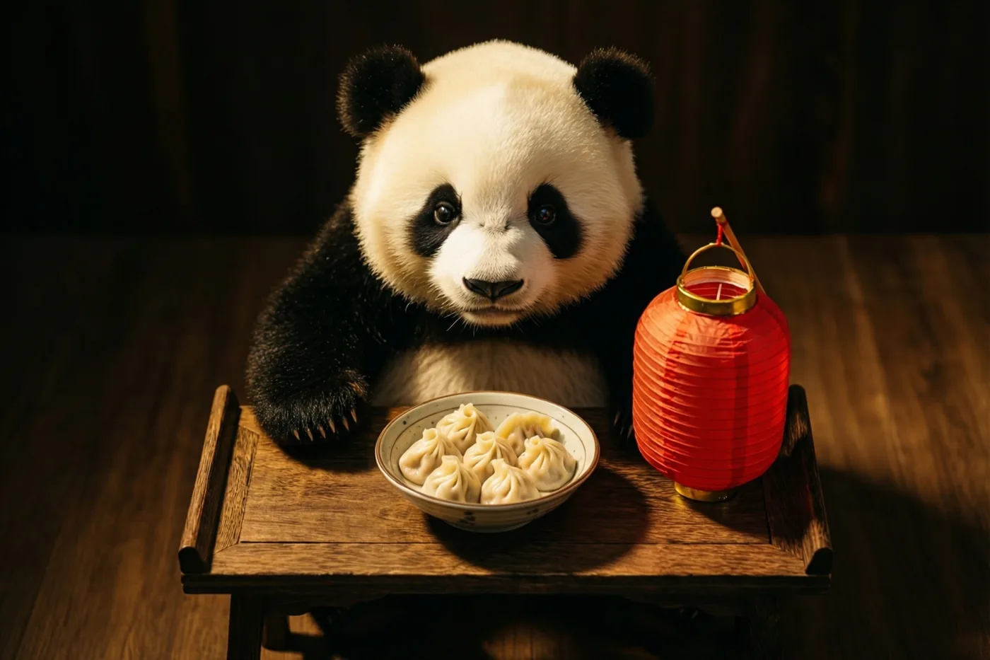 Een pluchen panda zit aan een kleine houten tafel met een kom dumplings en een rode lantaarn, in warm licht tegen een donkere achtergrond.