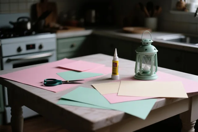 Een keukentafel met gekleurd papier, een schaar, lijm en een kleine lantaarn staat in zacht licht met roze, mintgroene en crèmekleurige tinten.